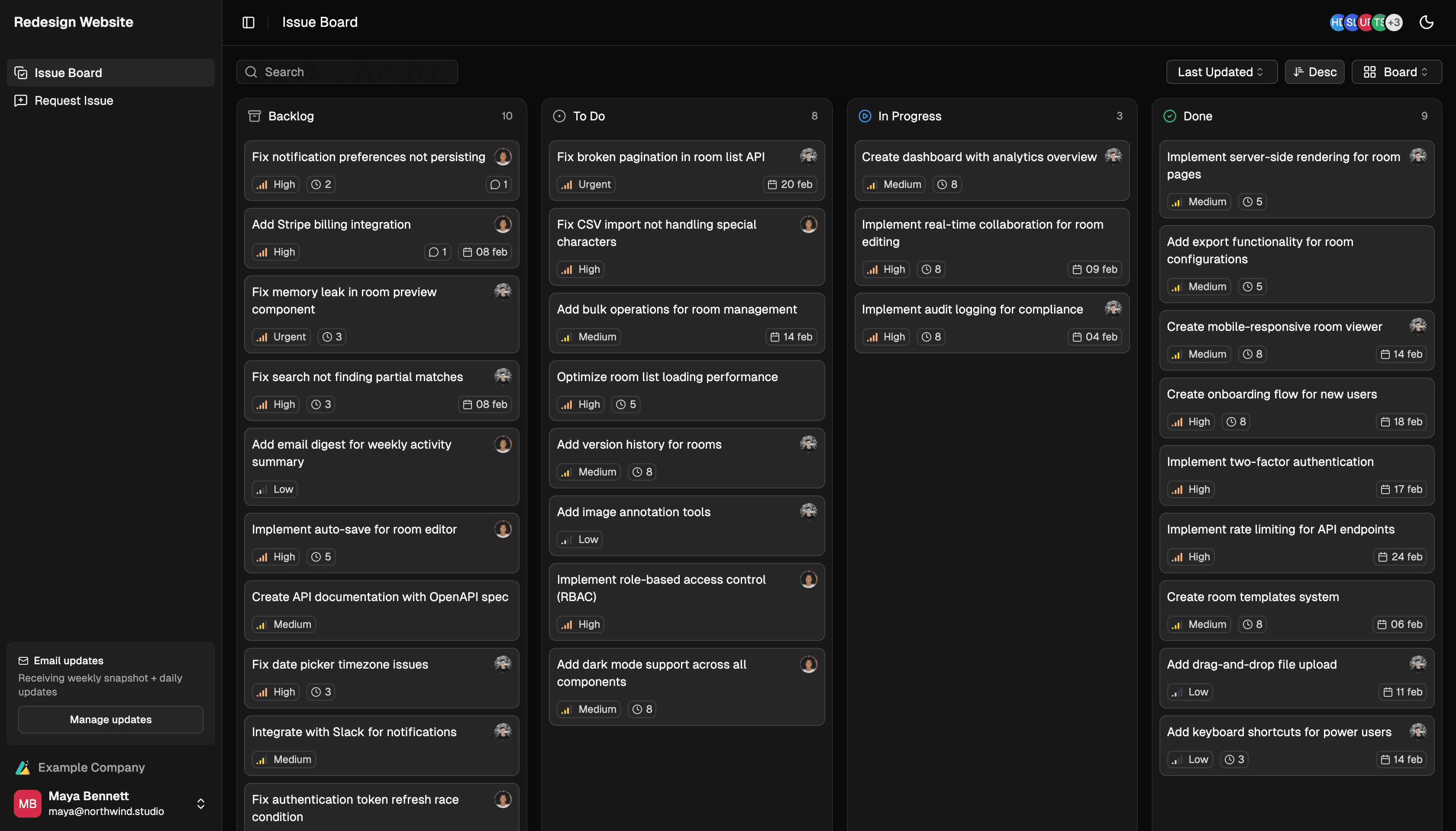 Linear issue board showing project progress with Backlog, To Do, In Progress, and Done columns