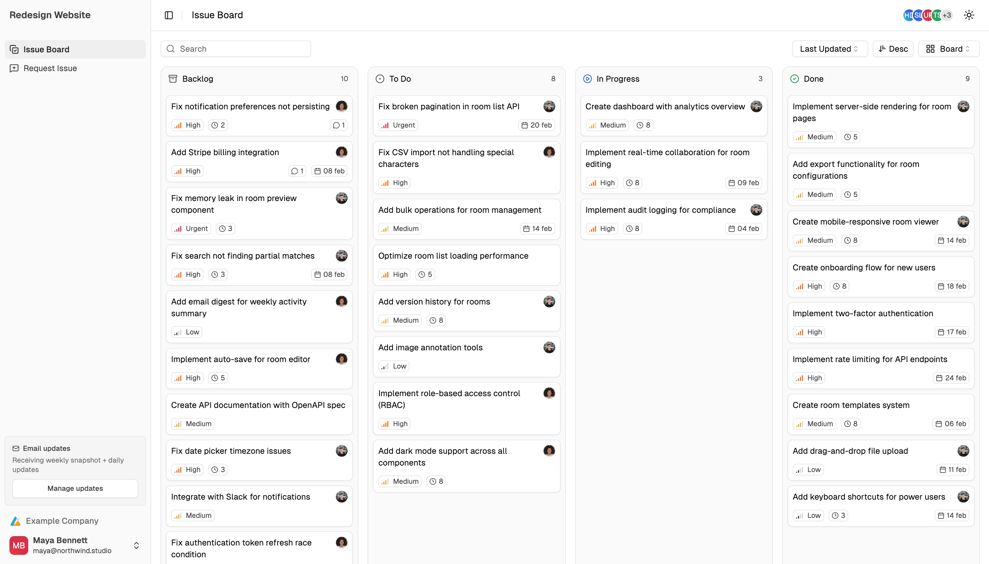 Linear issue board showing project progress with Backlog, To Do, In Progress, and Done columns