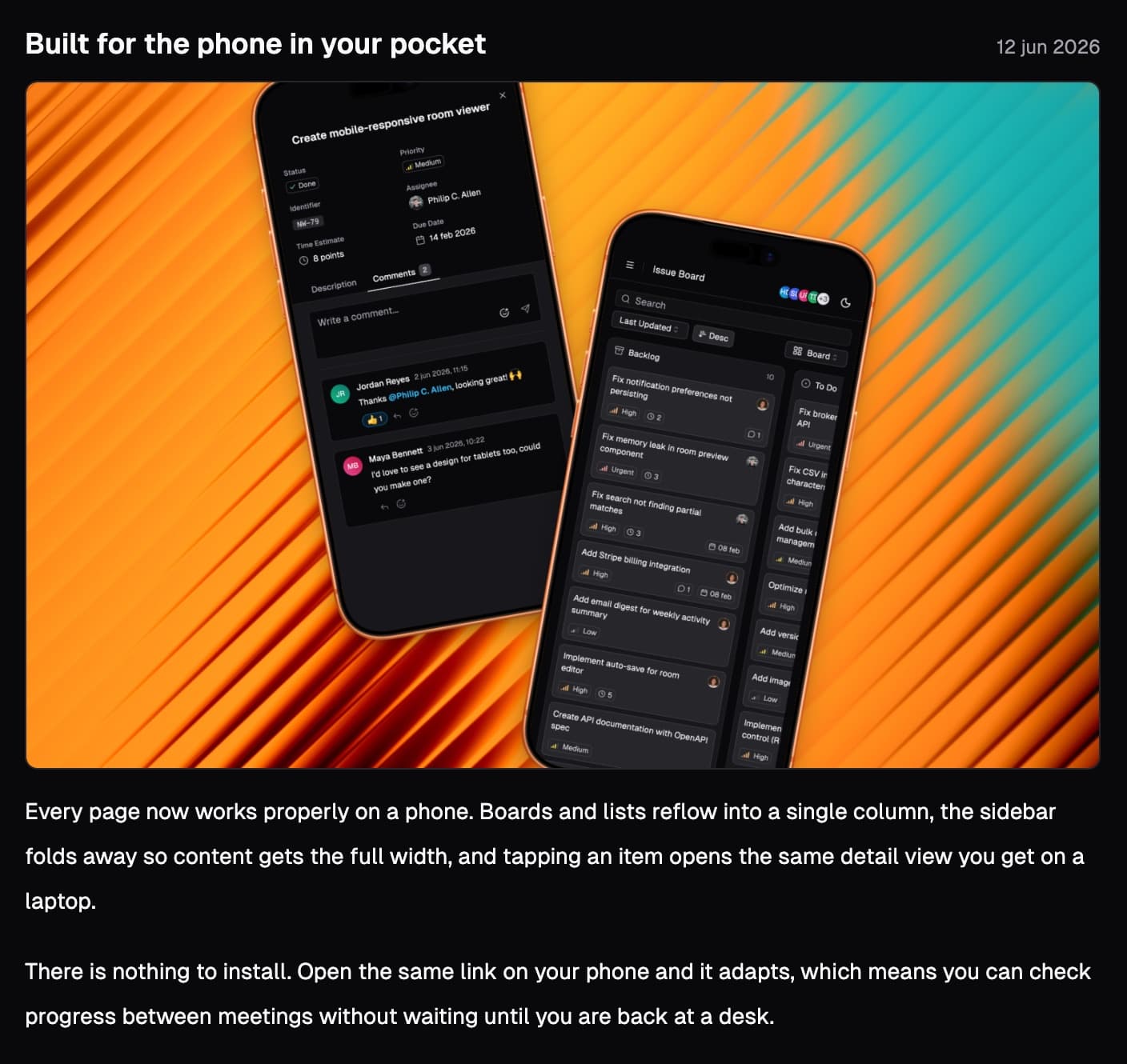 A published announcement in the changelog feed, leading with a full-width featured image of the mobile room view, followed by the release prose