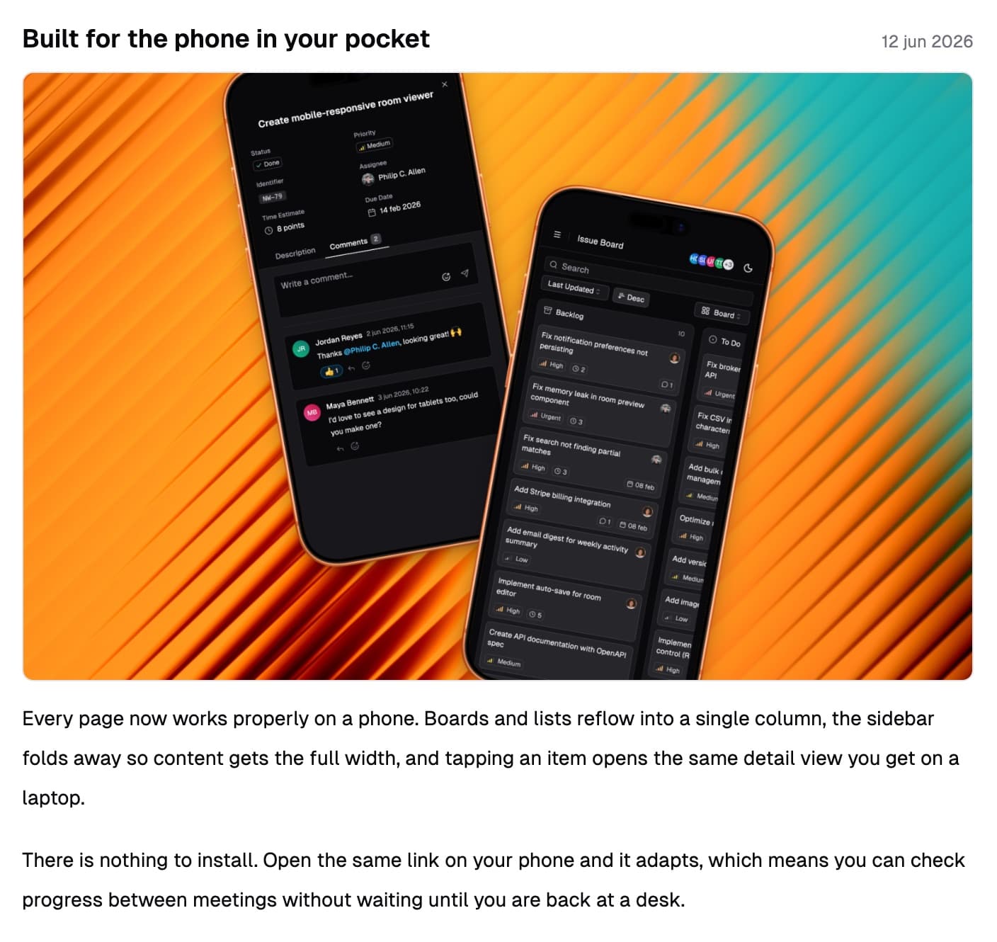 A published announcement in the changelog feed, leading with a full-width featured image of the mobile room view, followed by the release prose