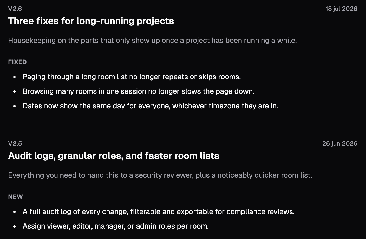 Public changelog page showing a published release with a featured screenshot, followed by an earlier release grouped under Fixed