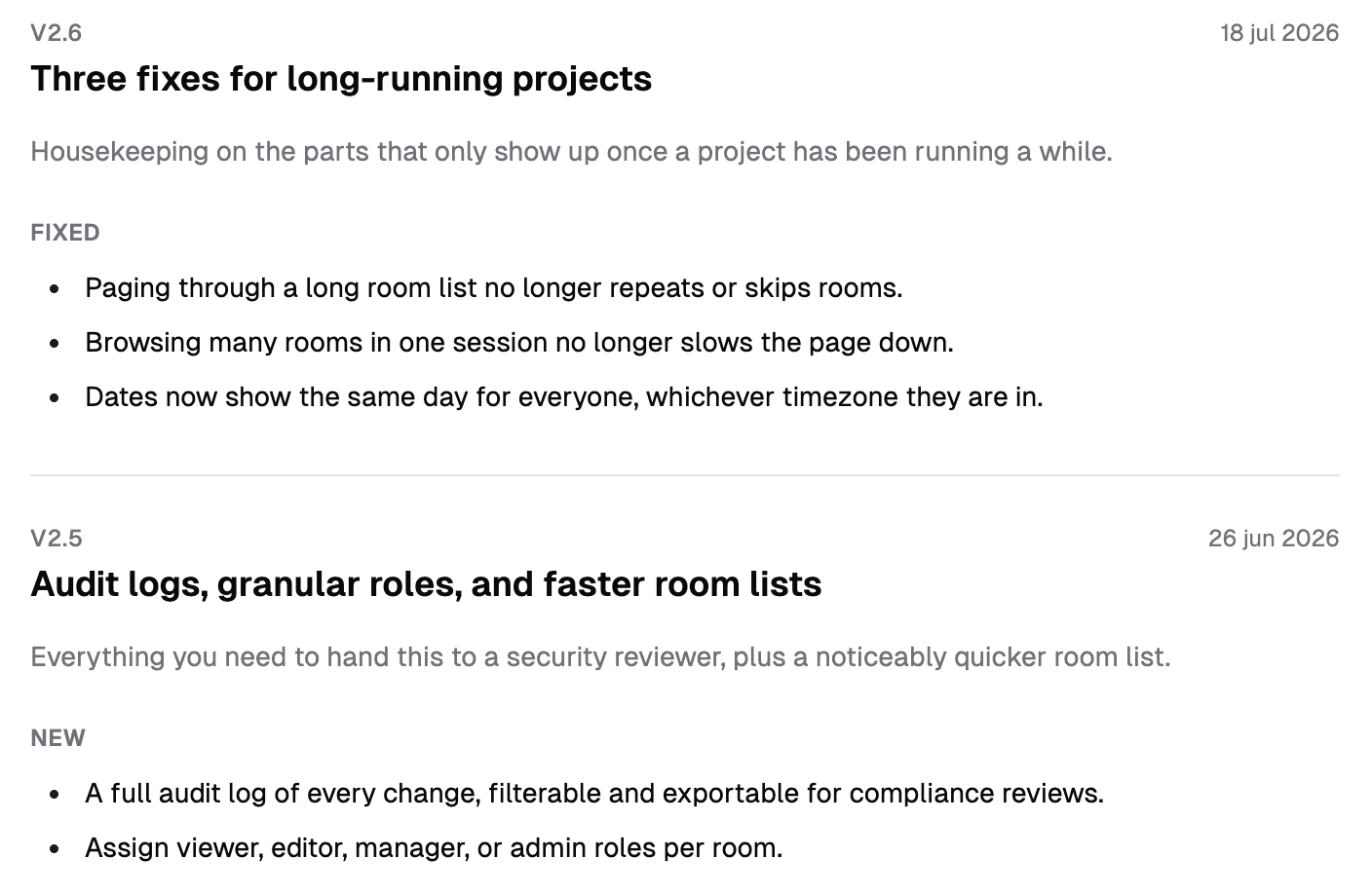 Public changelog page showing a published release with a featured screenshot, followed by an earlier release grouped under Fixed
