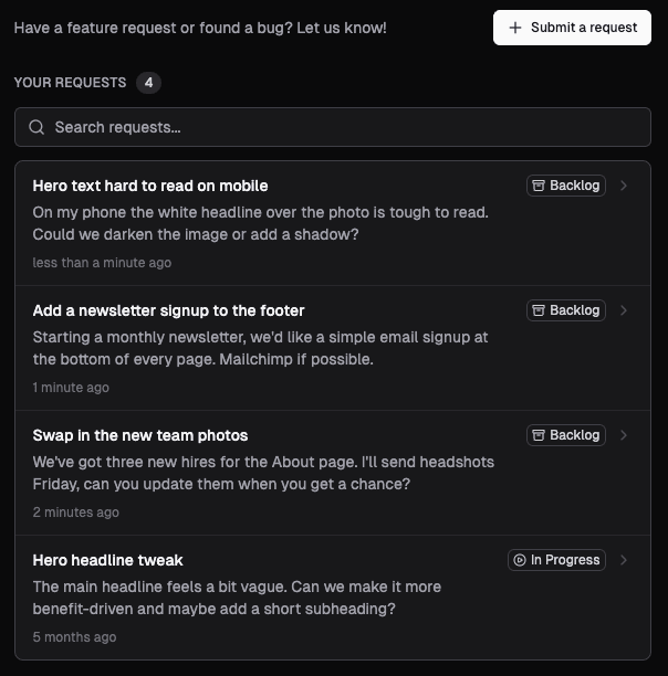 Issue request list where clients submit requests and see their past submissions