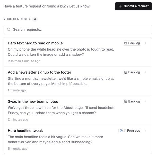 Issue request list where clients submit requests and see their past submissions