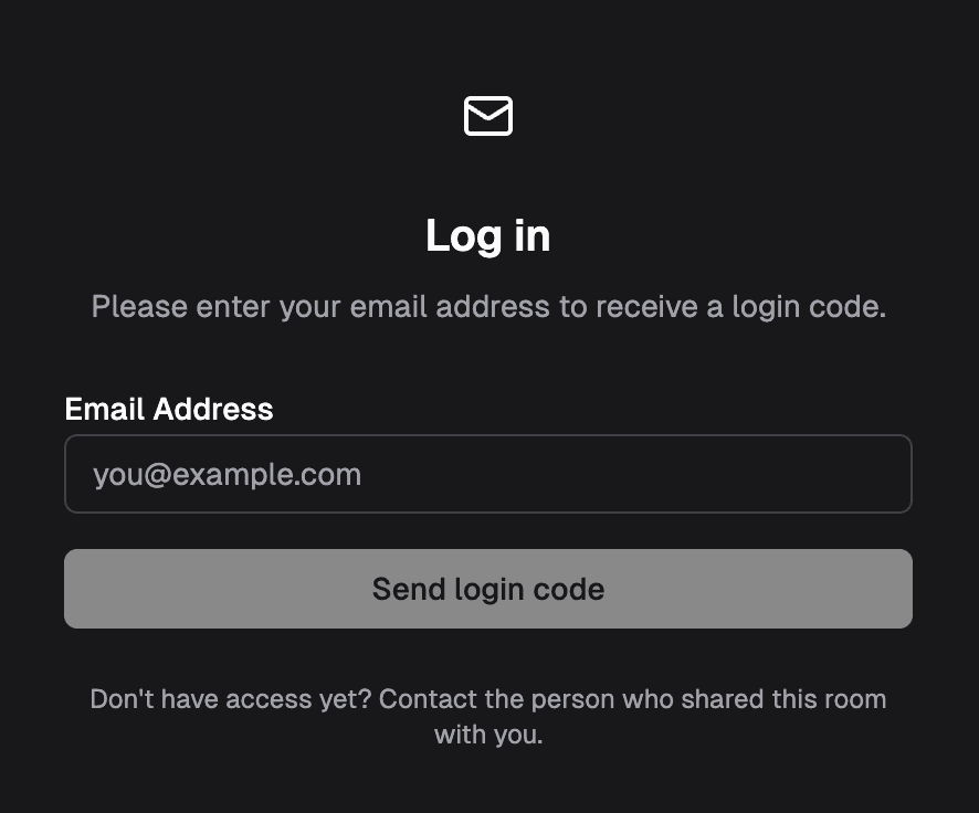 Room login card asking for an email address to receive a login code
