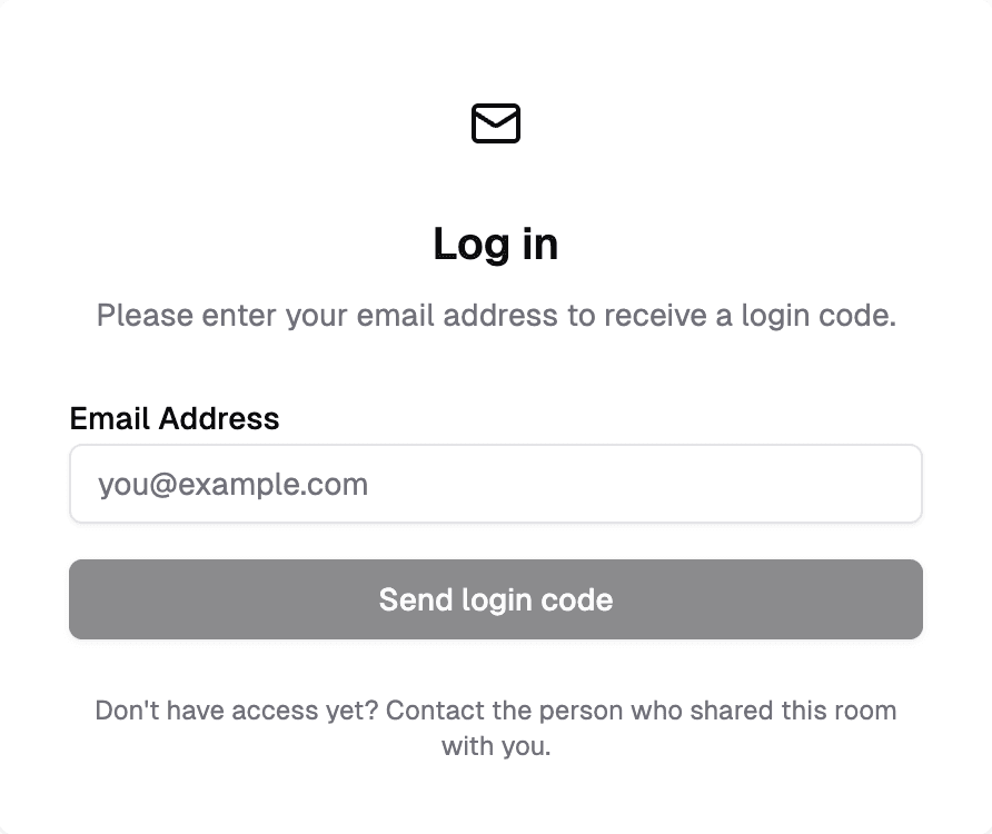 Room login card asking for an email address to receive a login code