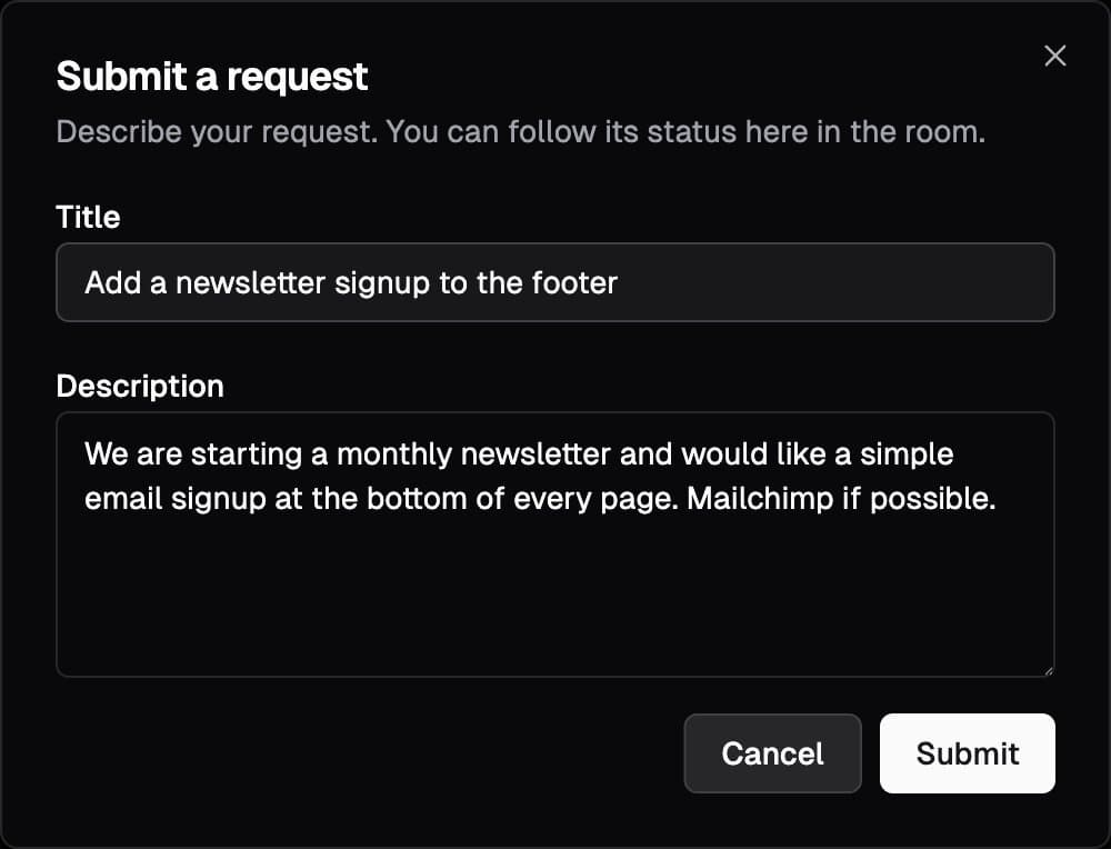A client filing a request from the room: title and description, which becomes a Linear issue