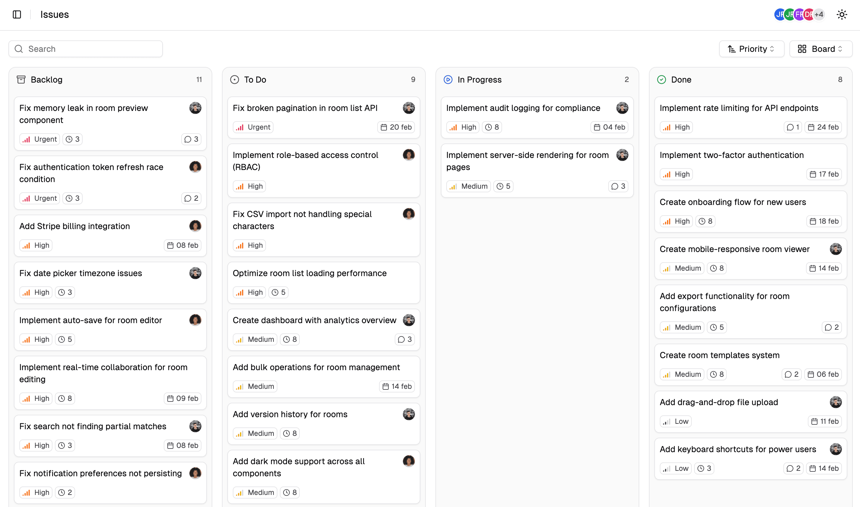 Linear issue board showing project progress with Backlog, To Do, In Progress, and Done columns
