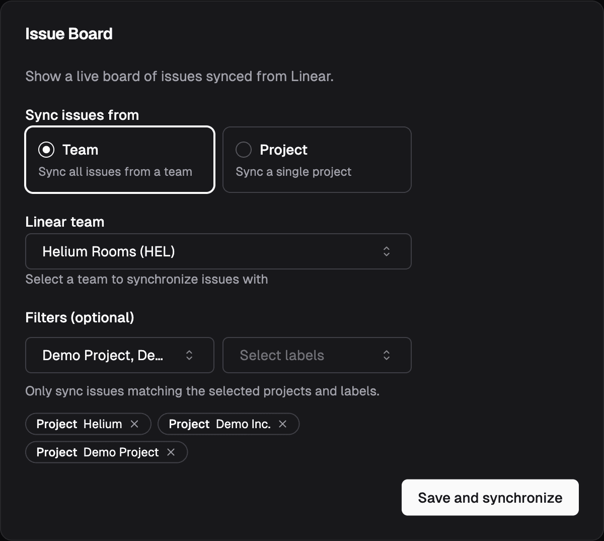 Issue Board settings with team and project filters