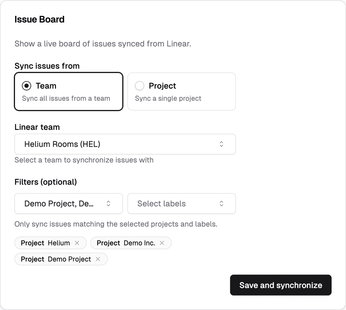 Issue Board settings with team and project filters